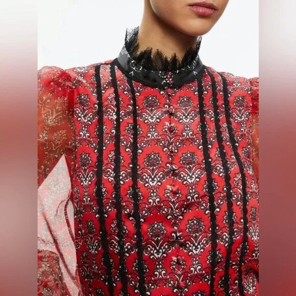 Alice + Olivia Bettina Blouson Sheer Sleeve Blouse Allure Medallion XS - Picture 3 of 17